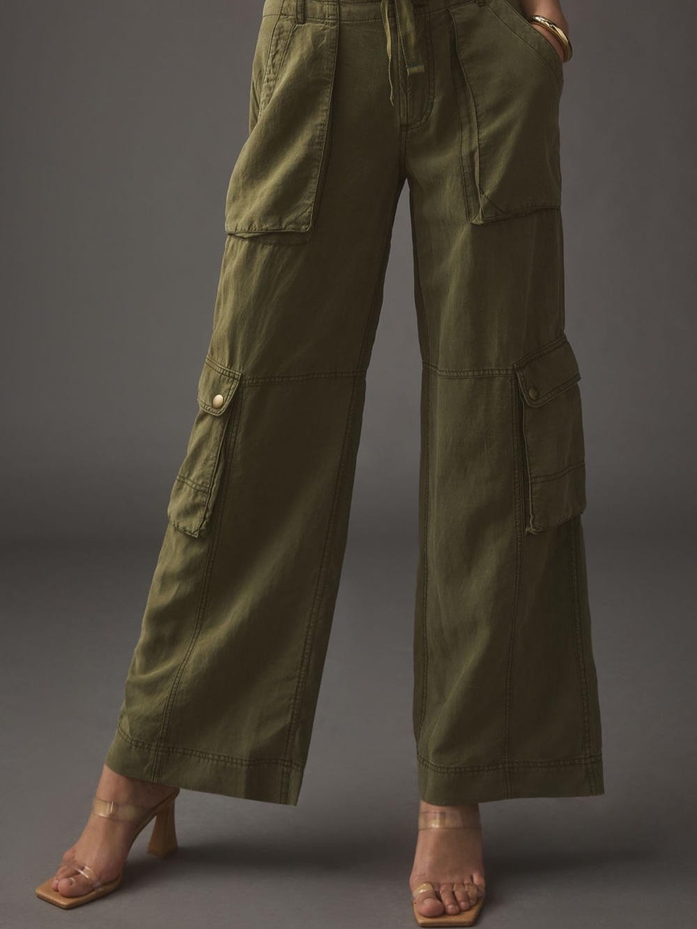Pilcro Olive Wide-Leg Cargo Pants with Patch Pockets - Size 10 - Picture 2 of 6